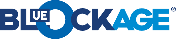 Novax Blockage logosu; UE vurgulu mavi BLOCKAGE yazısı.