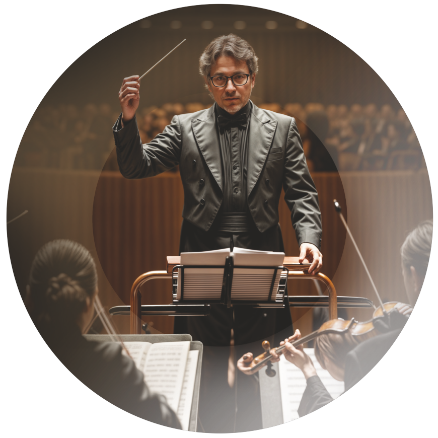 Novax Nexus 4D Progresif gözlük camı kullanıcı ürün görseli; orkestra şefi. Novax Nexus 4D Progressive eyeglass lens lifestyle image; orchestra conductor.