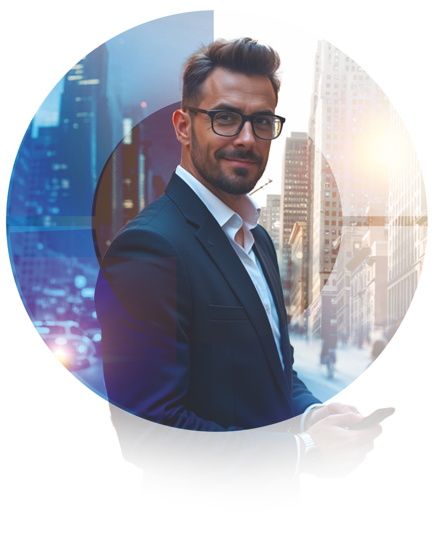 Novax Urban stok gözlük camı kullanıcı ürün görseli; şehir manzaralı kullanıcı. Novax Urban stock eyeglass lens lifestyle image.